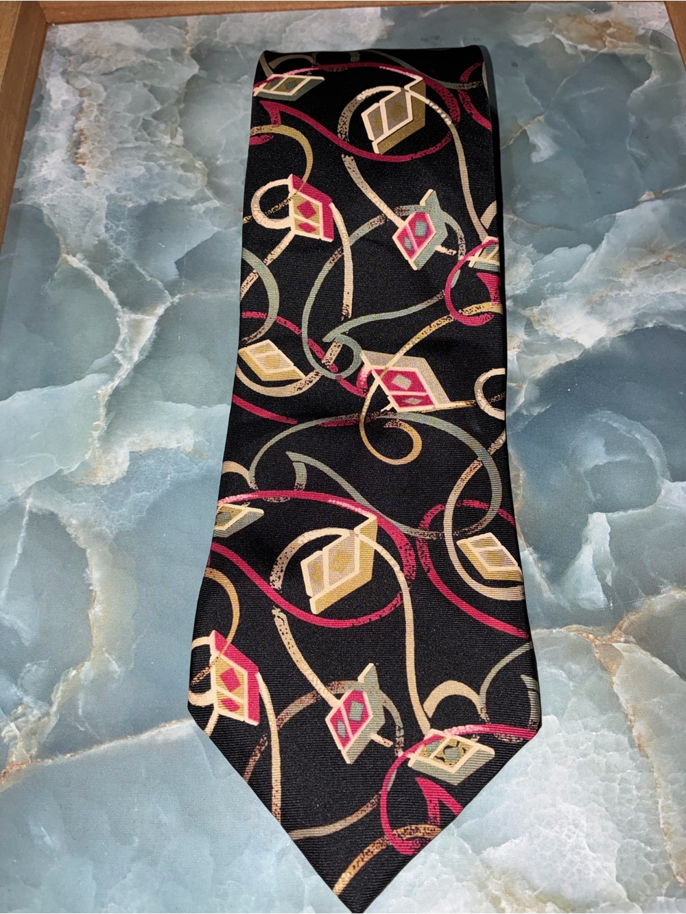 Adolfo Black Tie with Gold and Pink Geometric Motif